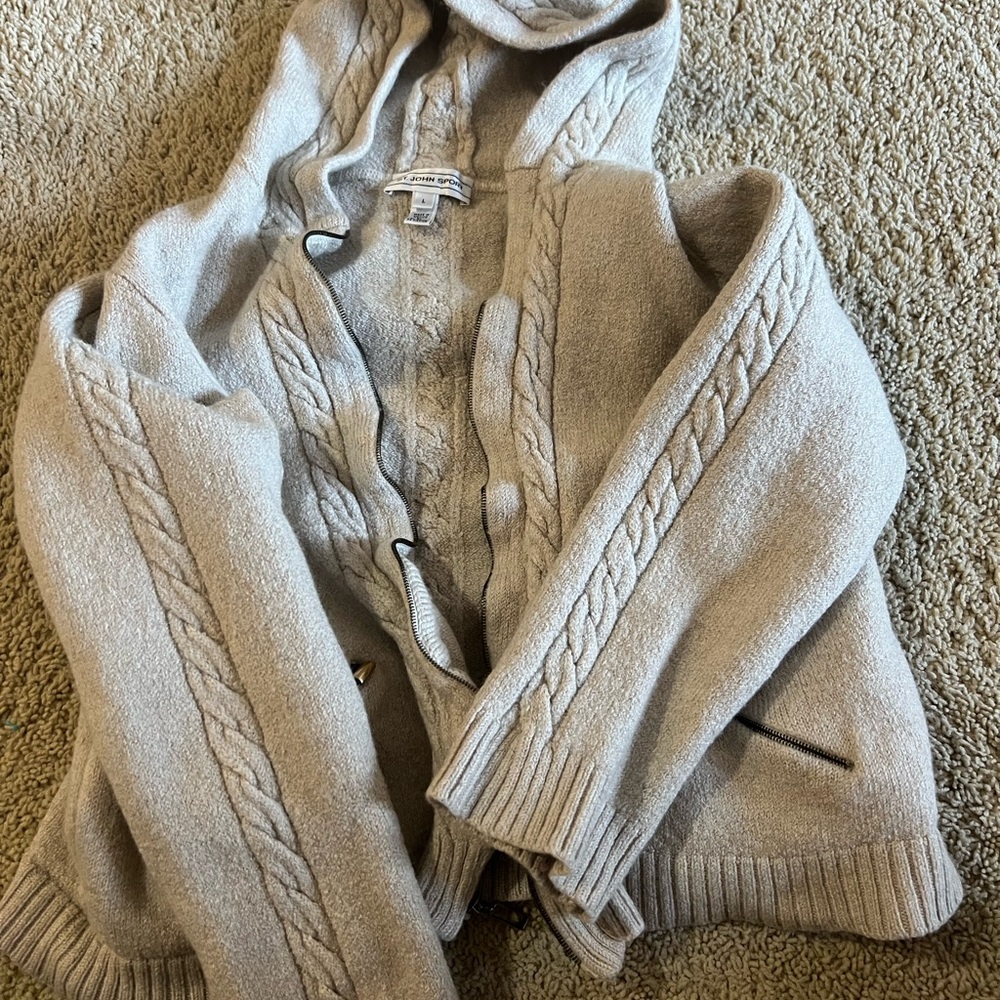 St. John Taupe Hooded Cable-Knit Cardigan Sweater